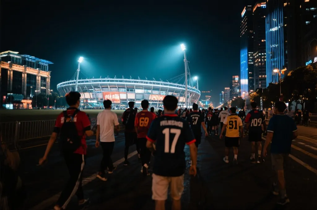 球迷在多时区城市间奔波观赛的夜景场景